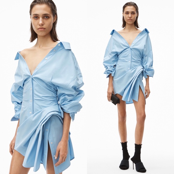 ALEXANDER WANG Cinched Cotton Shirt Dress in Light Blue Size 0 - Picture 4 of 11